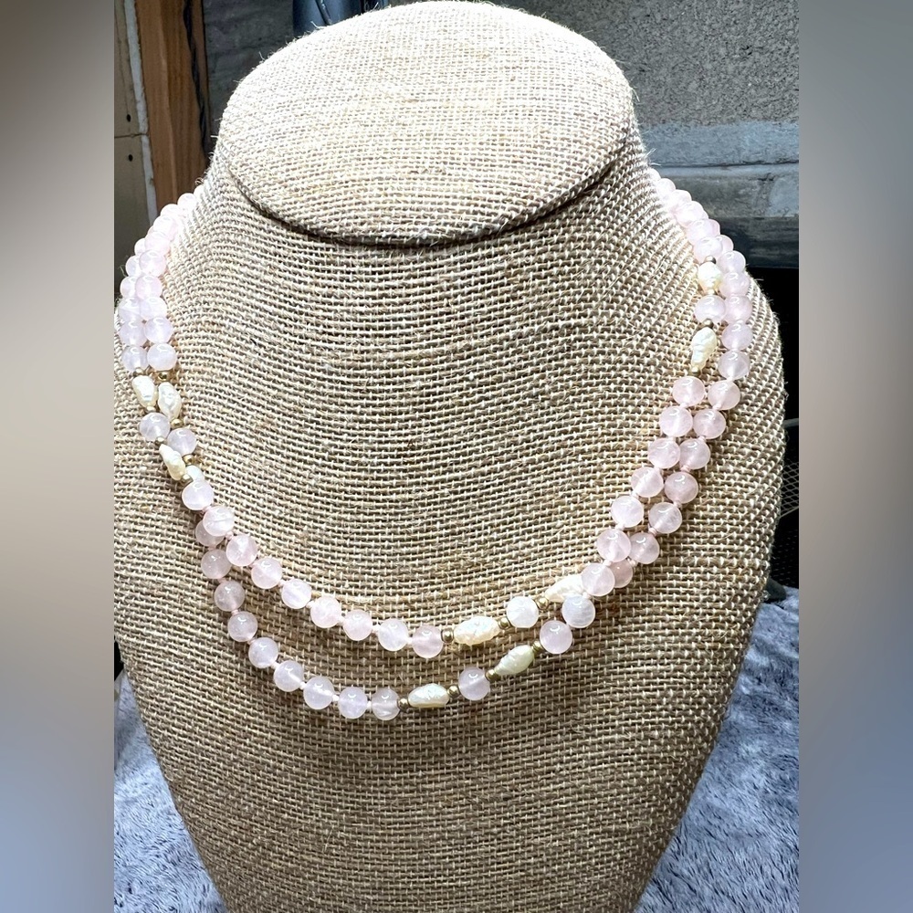 Vintage Freshwater Pearl Rose Quartz Necklace 34in